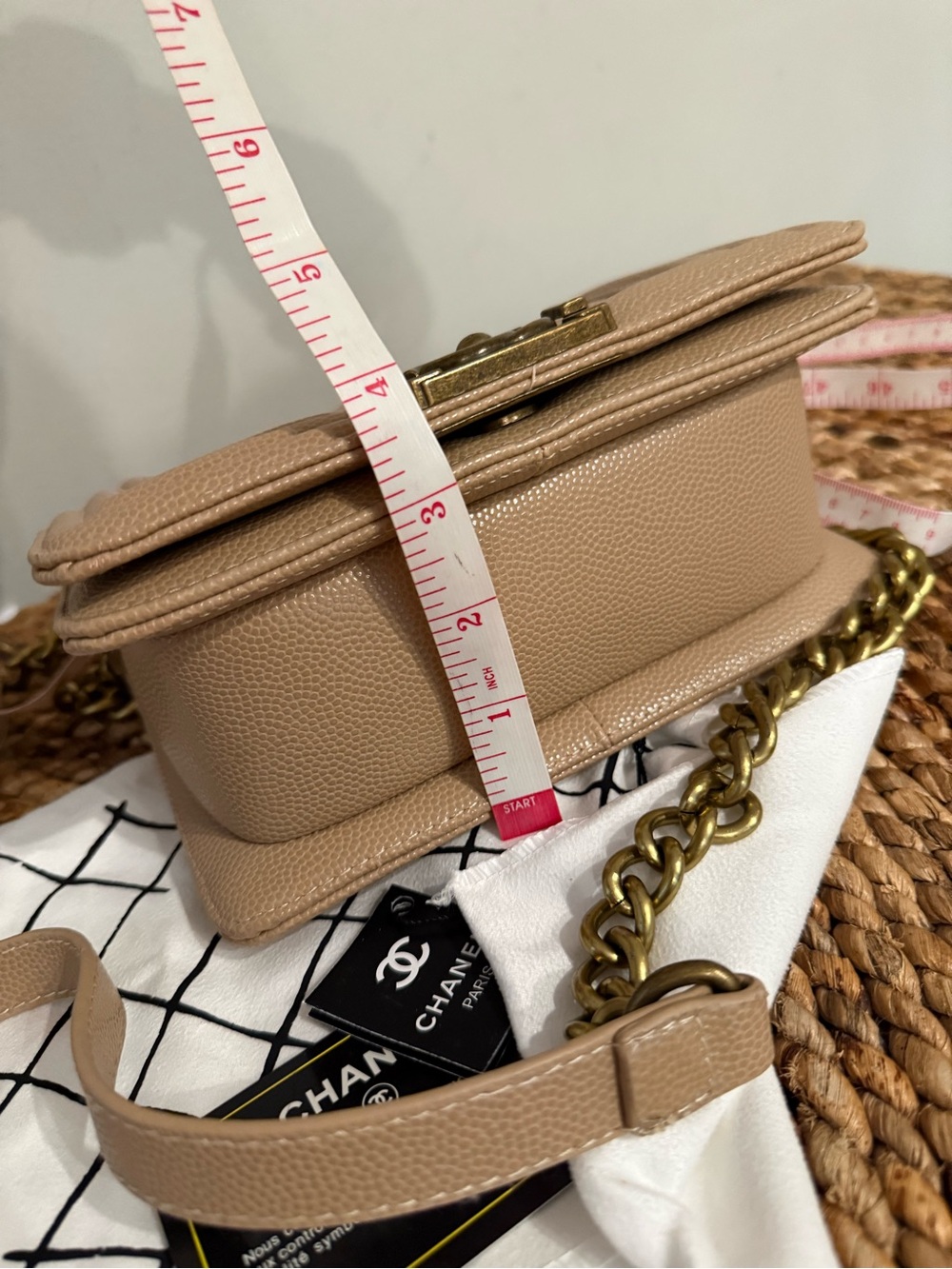 Beige Quilted Leather Boy Shoulder Bag with Gold Chain - Picture 7 of 10